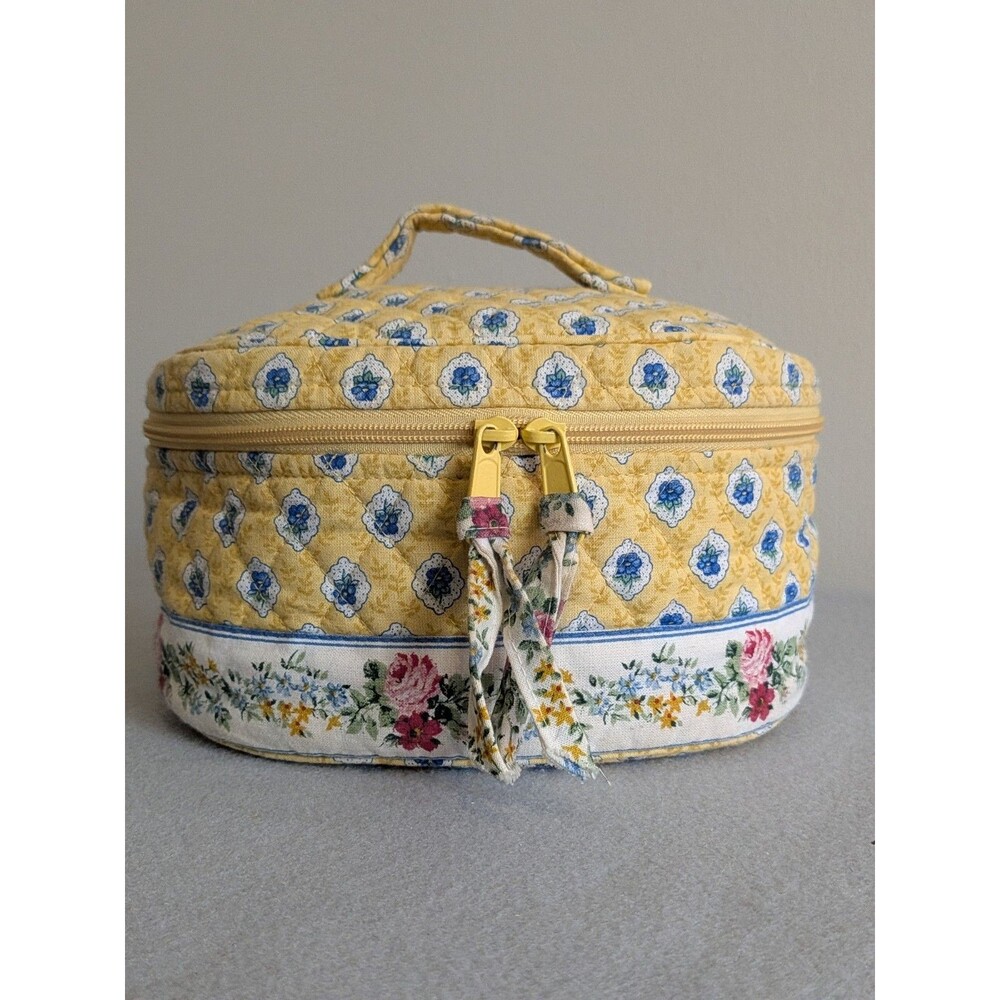 Rare Vintage Vera Bradley ELIZABETH Yellow Round Travel Cosmetic Bag Case Train